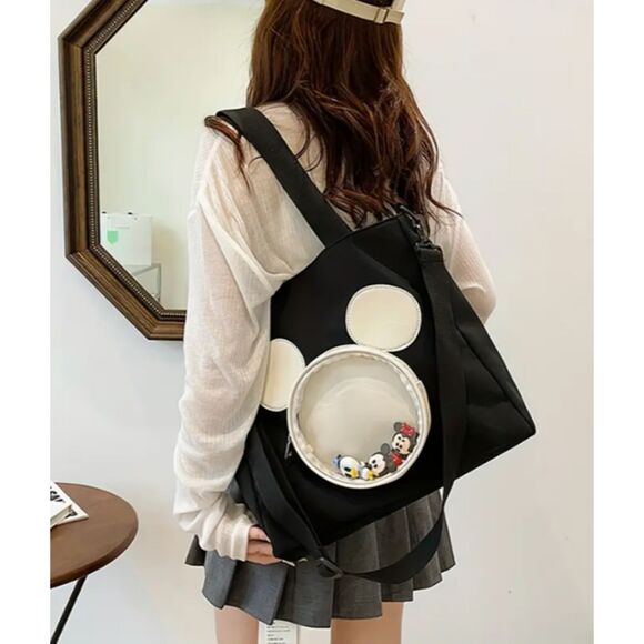 Black Bag White Mickey Head Clear Pocket Includes Mickey Minnie & Donald Figures - Picture 2 of 13